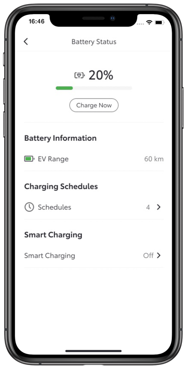 Écran de téléphone avec affichage de l'état de charge dans l'application MyToyota